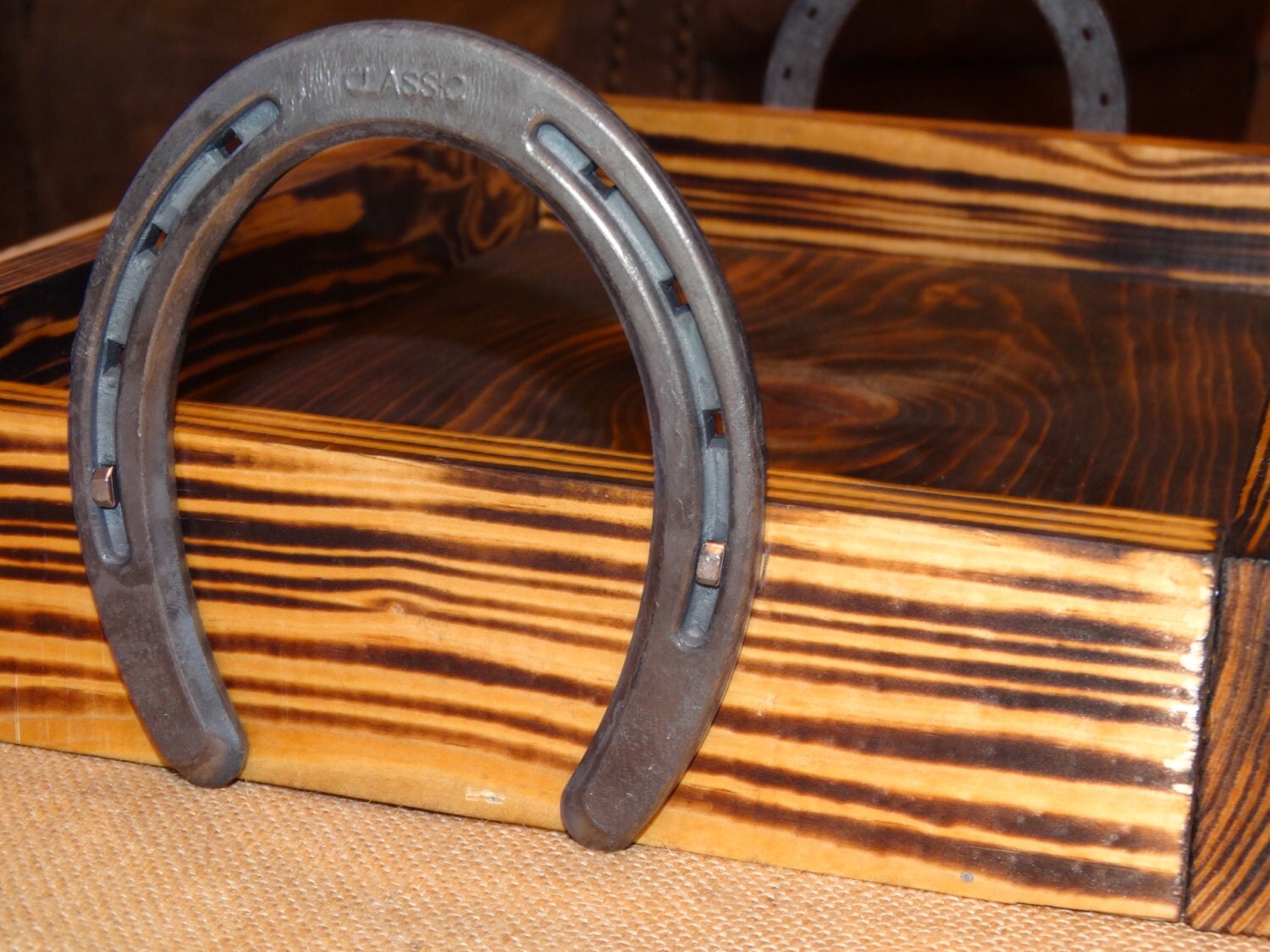 Rustic Wood Serving Tray with Horseshoe Handles by TheRusticTexan
