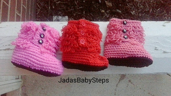 Fuzzy Crochet Baby Boots Pink/Rose/Red