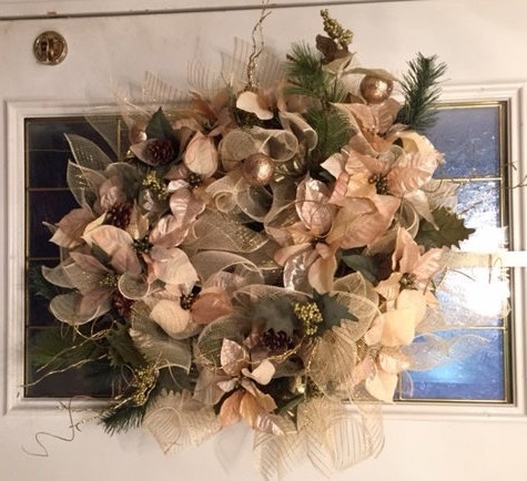 Elegant Deco Mesh Winter Holiday Wreath Poinsettia Floral Design by WreathsAndUniques