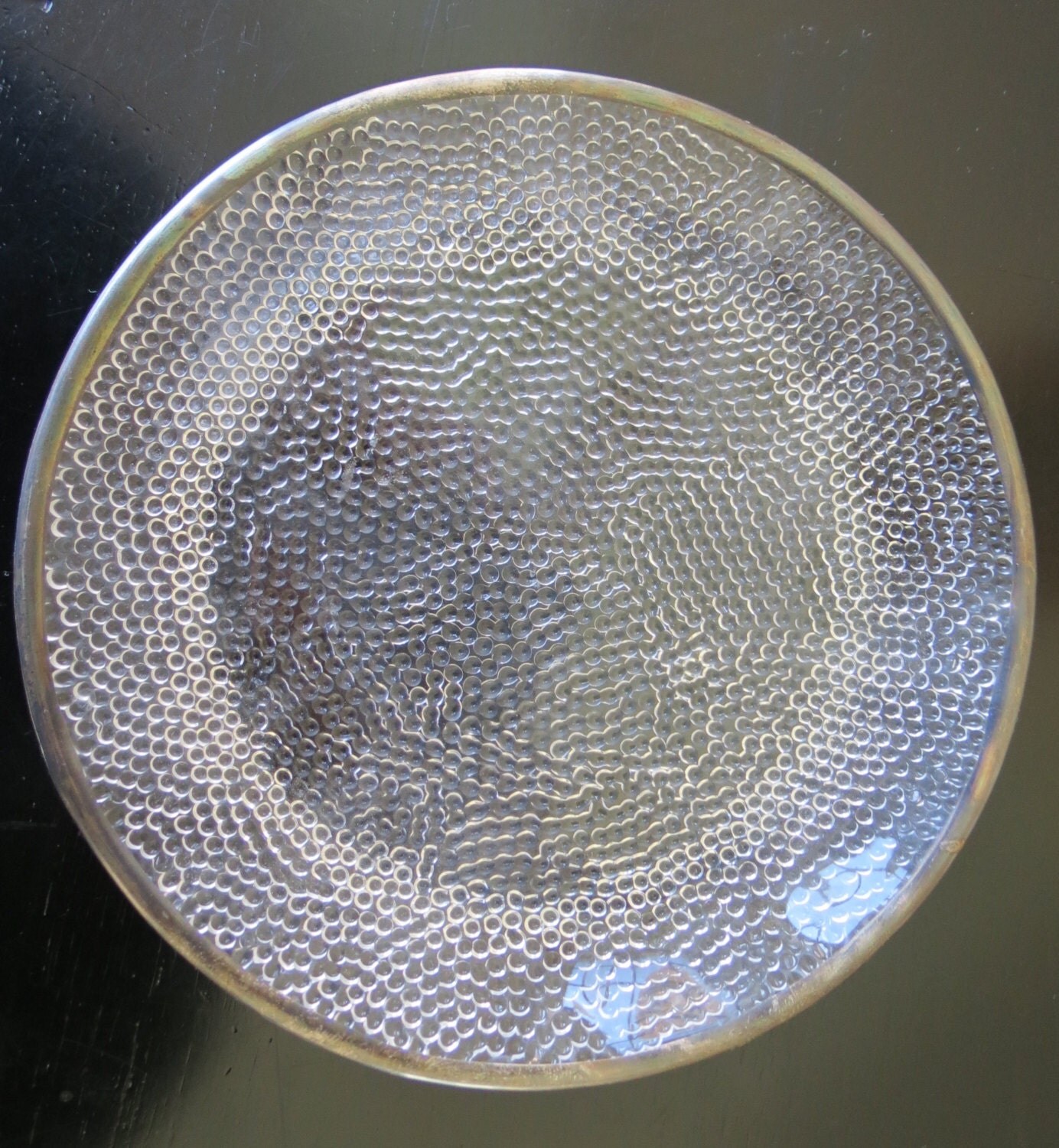 Vintage Clear Glass Plate Fun Retro Plate with metal rim and pebbled