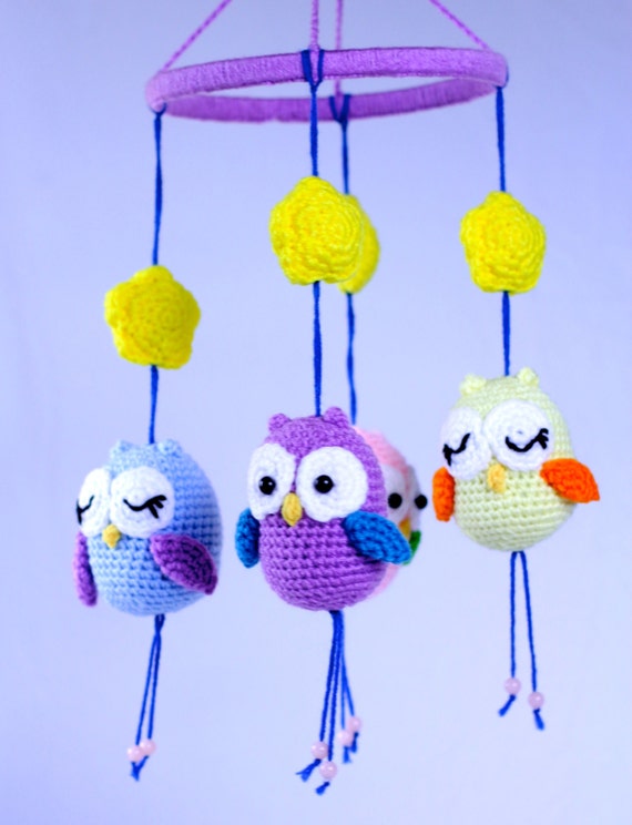 Crochet Owl Mobile- 4 Colorful Owls hanging from the stars - Great Baby Shower Gift