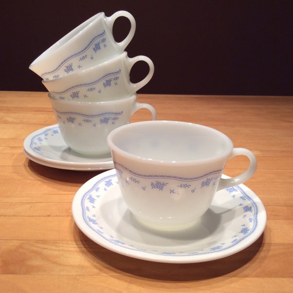 Items similar to Vintage Pyrex Morning Blue, Corelle by Corning 4 Cups and 4 Saucers on Etsy