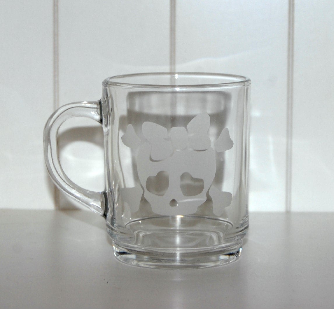 Cute skull coffee mug etched glass mug skull and by WitticismsRus