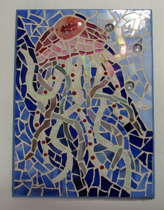 nautical jellyfish stained glass mosaic wall by PrancyBearStudio
