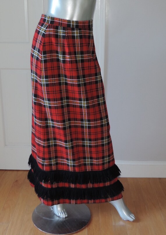 SALE Tartan plaid Maxi Skirt Red fringe hem by riverrosevintage