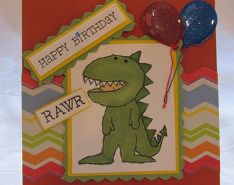 Litte guy in T Rex costume, Happy Birthday Card, for your dino lover, "Happy Birthday Wild Thing"