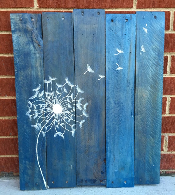 Items similar to Blue Handmade Dandelion Pallet Art Rustic home decor, painting, wall art