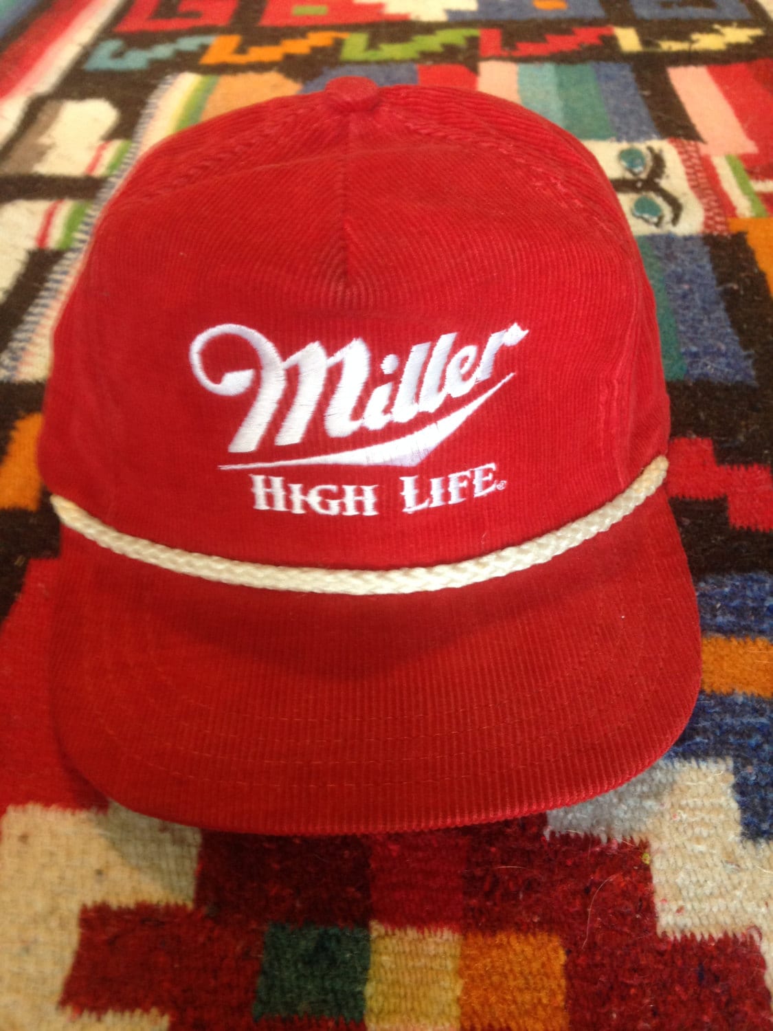 Red and white Corduroy Miller high life trucker hat Haute Juice
