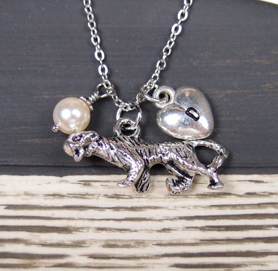 initial necklace jaguar necklace Swarovski pearl by vespestudio