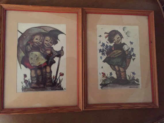 Items similar to TWO VINTAGE Framed Hummel Prints SIGNED 1936 Boy and ...