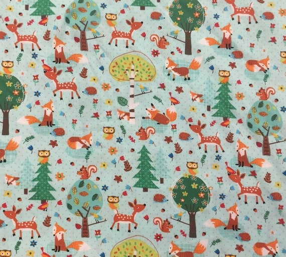 Forest Friends Fabric Aqua Sold by the yard by TulaFabrics