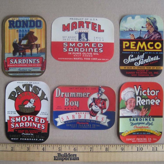 6 Vintage Assorted Paper Sardine Can Labels Vintage Ephemera