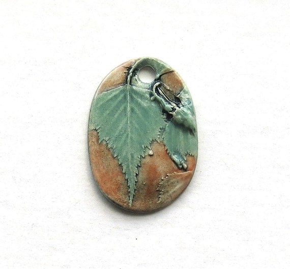 Handmade Ceramic Pendant Birch Leaves  Beige Background  Oval Shape