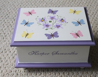 Baby Keepsake box Butterfly & Violets Baby Memory Box personalized baby girl gift hand painted