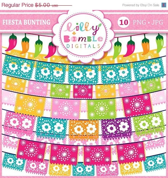 50% off Fiesta Bunting Clipart Picado for cards, invites, scrapbooking, Commercial Use included Il_570xn