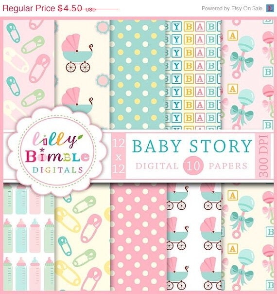 50% off Baby Digital scrapbook papers for cards, invites, INSTANT DOWNLOAD Baby Story digital papers Il_570xn