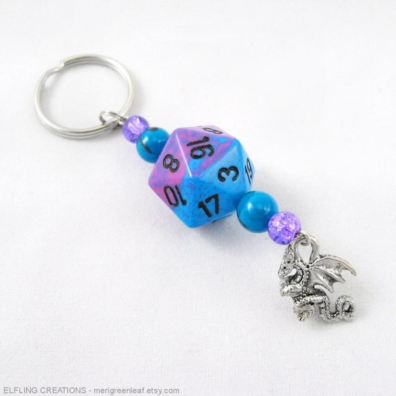 Dragon Dice Keychain D20 DnD Gaming Keyring in Blue and