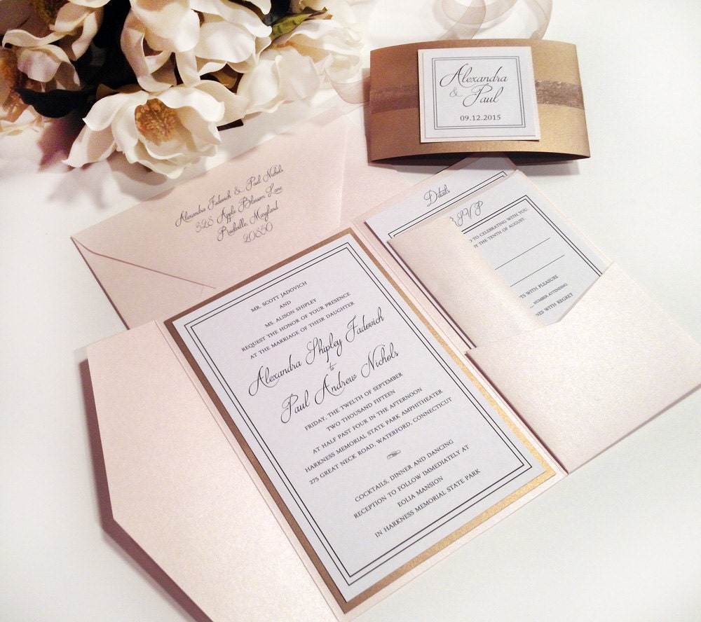 Pink and gold pocket wedding invitations