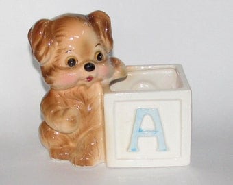 Vintage Inarco Japan Ceramic Brown Puppy Dog Planter, baby shower, building blocks, 60s, home decor, holder
