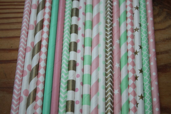30 Gold, Pink, Mint Green Paper Straws Vintage Glam Party Il_570xn