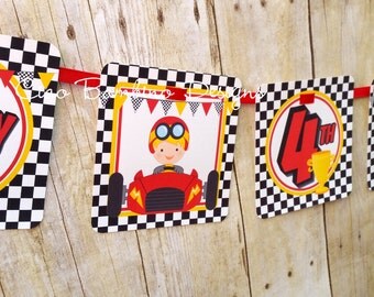 Race Car Happy Birthday Banner / Personalized with Name and Age / Racing Birthday Party Banner / Choose Hair & Skin Color of Driver