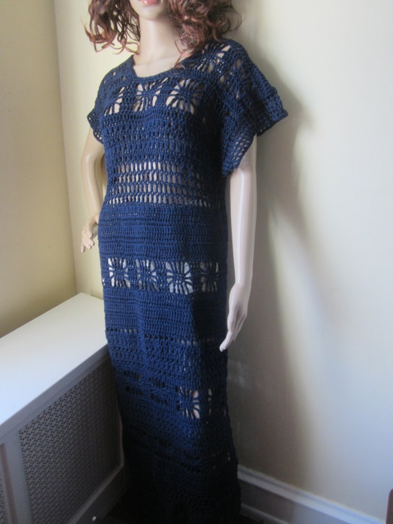 CROCHET MAXI DRESS navy blue crochet elegant evening wear