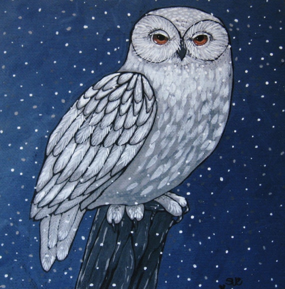 Art Print on Wood - Snowy Owl -  Woodland Owl - Wall Decor - Art for Small Spaces - 5x5 - Spirit Animal - Art for Den