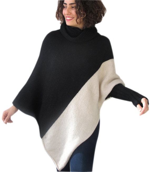 Stylish Two ColorS Hand Knitted Poncho with Accordion Neck Plus Size Over Size Tunic by Afra