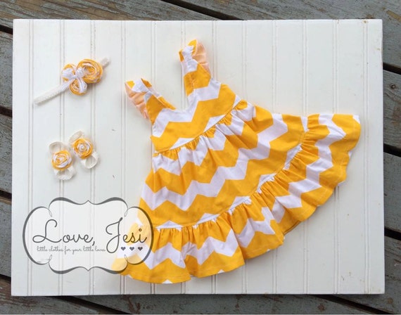 Baby Girls Yellow Chevron Twirly Ruffle Dress, Chevron Baby Dress, Flutter Sleeve Baby Dress, Yellow and White Chevron Dress, Easter Dress