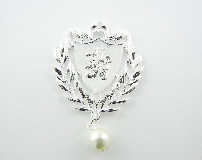 Bright Silver-tone Heraldry Shield with Lion Crest and Faux Pearl Drop Pendant Jewelry Supplies