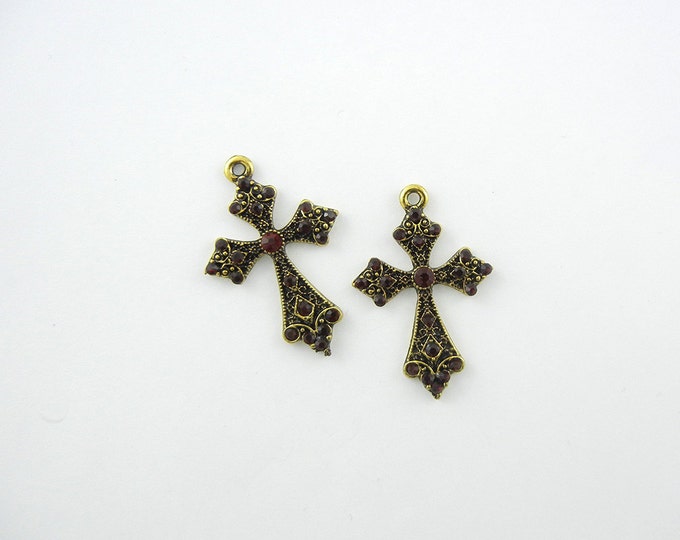 Pair of Burnished Gold-tone Dark Ruby Red Rhinestone Cross Charms