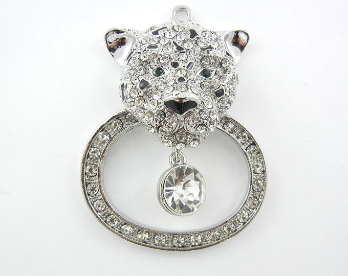 Rhinestone Leopard or Jaguar Pendant with Ring Silver-tone