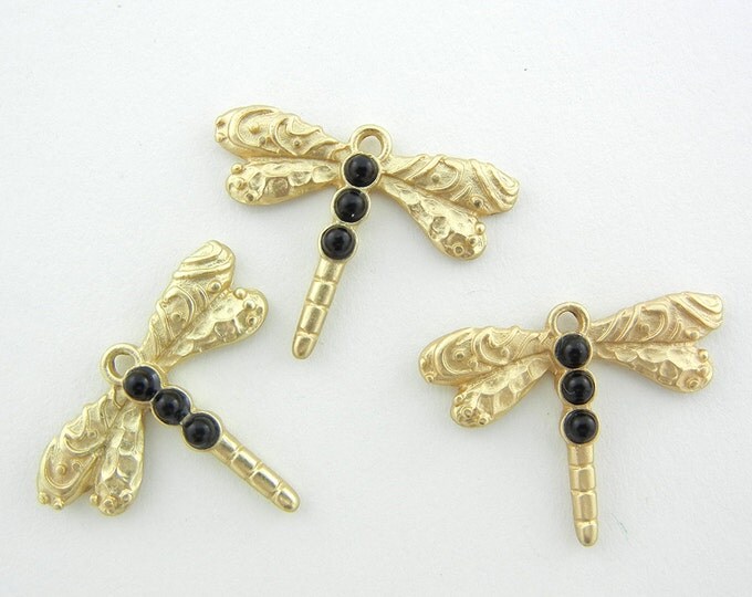 Set of 3 Matte Gold-tone Dragonfly Charms with Acrylic Black Cabochons