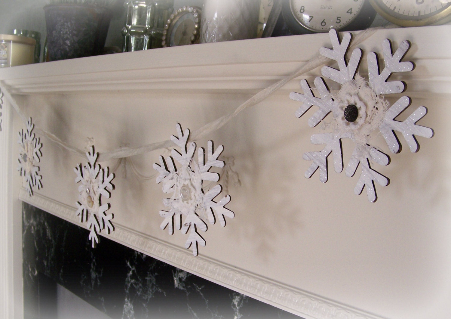 Winter White Christmas Snowflake Banner Christmas Garland Winter White Christmas Vintage Snowflake Christmas Bunting White Silver Decor