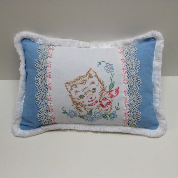 Vintage Embroidered Kitten Pillow