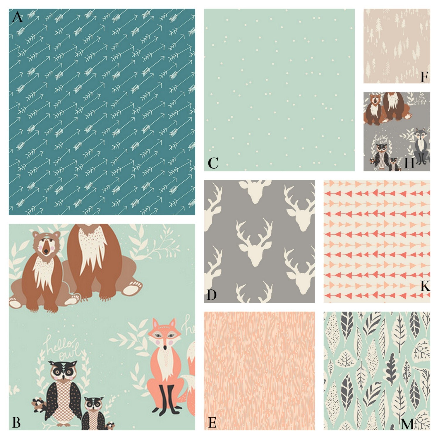 Girl Woodland Crib Baby Bedding in Peach Mint and Gray