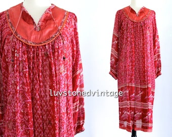 70s Vintage India Tent Gauze Red Burgundy Cotton Boho Hippie Indian Ethnic Festival Maxi Dress . XS . SM . 871.10.2.14