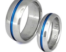 ... Titanium Wedding Band Set - Matching His and Hers - Blue Rings - stb22