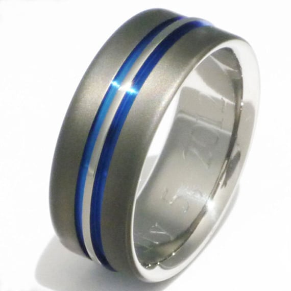 Sable Titanium Wedding Ring - Unique Sable Finish with Thin Blue Lines ...
