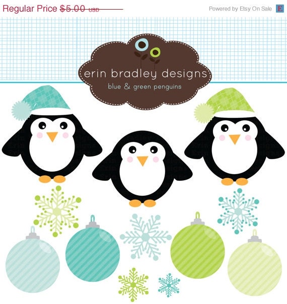 50% OFF Holiday Clipart Clip Art Personal & Commercial Use Blue and Green Penguins Instant Download Il_570xn