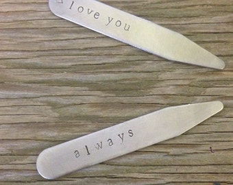 Hand stamped stainless steel collar stays personalized gift for him custom wedding, Graduation gift, 11th steel anniversary Fathers Day gift