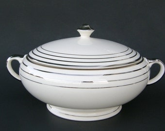 Atomic Art Deco Tureen by Salem China, Round Saphire Shape, White Ceramic Zephyr Platinum Pattern - Vintage Wedding China