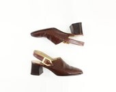 90s Brown Mules, Vintage Chestnut Leather, Size 8 Chunky Heel, Vintage Low Heel, 1990s Slingback, Buckled Brown Sandal, 90s Spring Sandal
