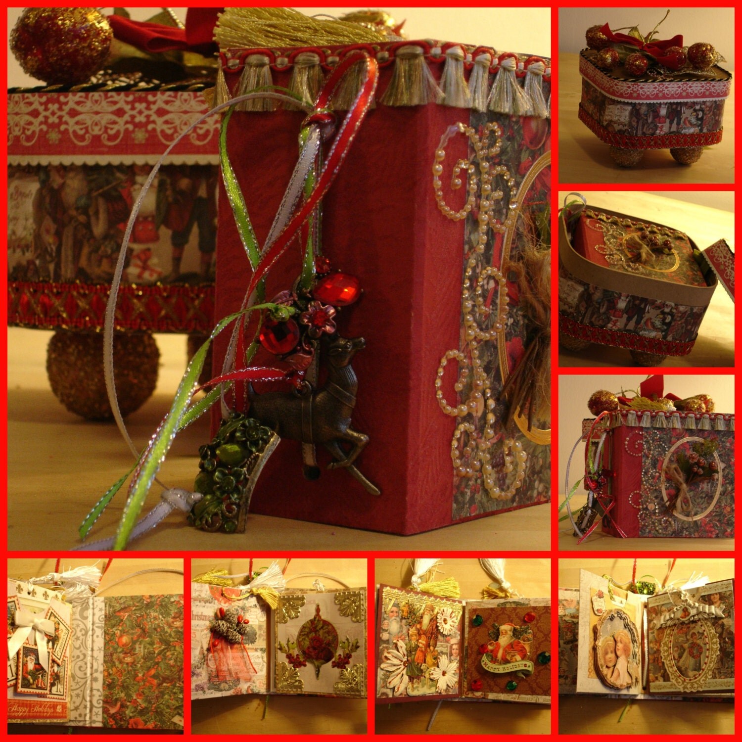 Nostalgic Christmas Mini Photo Album with Ornate Storage Chest Handmade OOAK