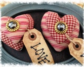 Primitive Homespun Grubby Valentines Day RED Heart Ornies--with Vintage Button and Tag--Bowl Fillers