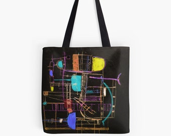 Bags and Purses. Tote Bag. Walking in Asnieres 2d. Original Design. Black. Yellow. Bright & Fun.
