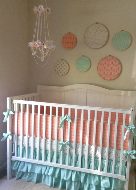 Coral Peach Mint and Gold Ruffled Baby Girl Crib Bedding Set
