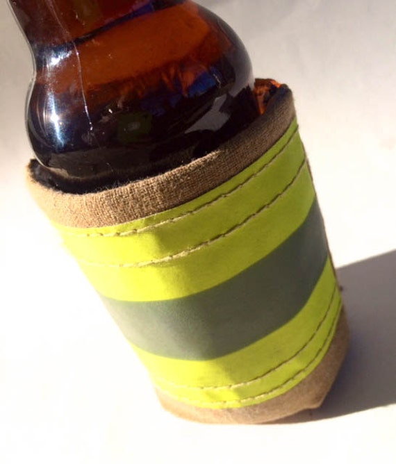 Recycled Firefighter Gear Beverage Koozie yellow reflector