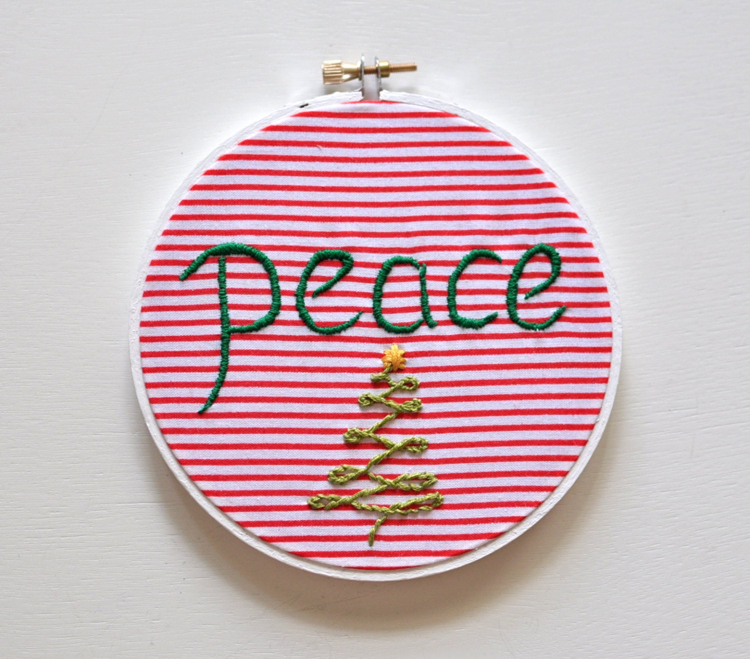 Peace Handmade Red and White Striped Holiday Decoration - Embroidery Winter Holiday Ornament. Gift Under 30 for the Home