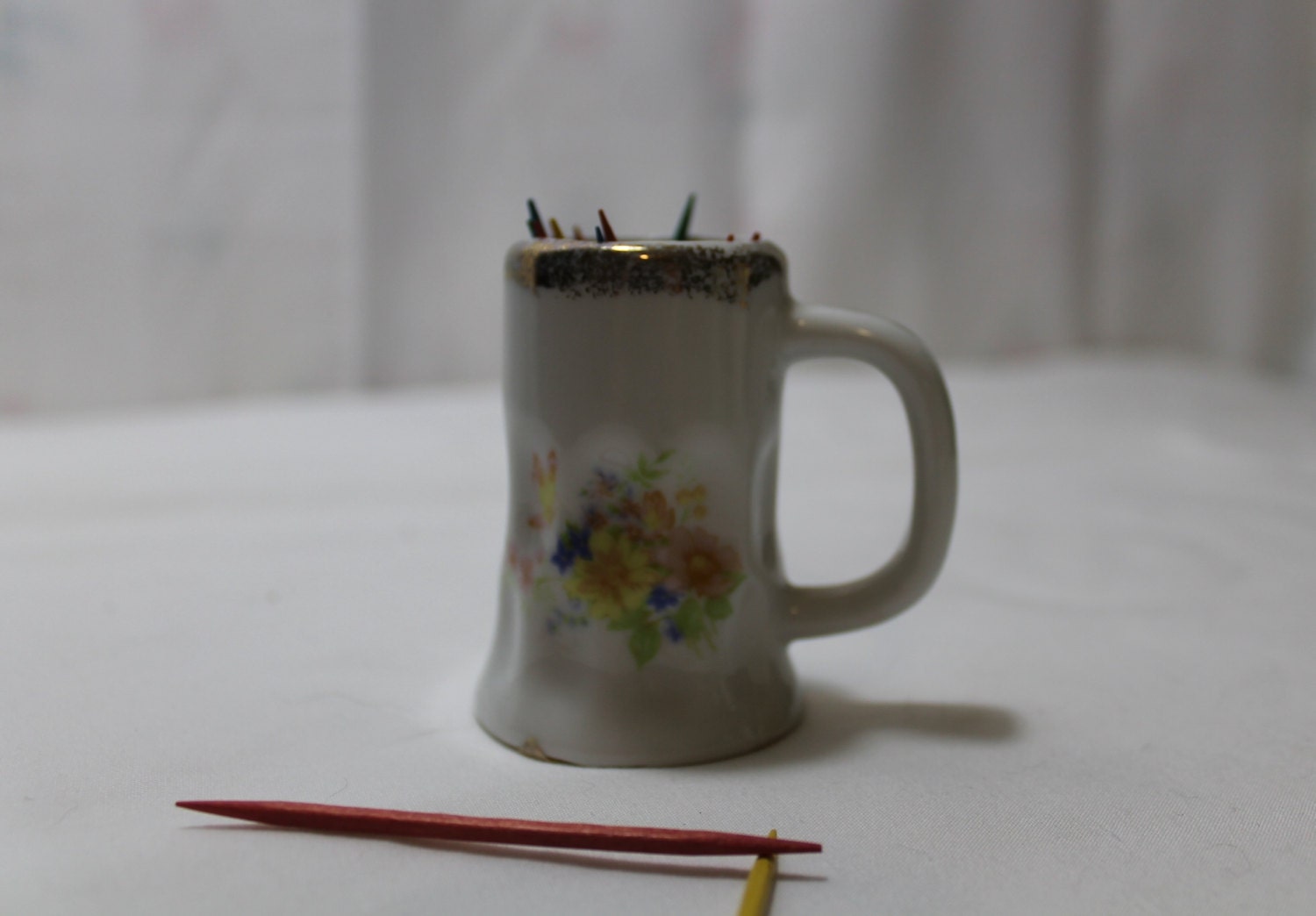 Vintage Porcelain Toothpick Holder, Tiny Vase, With Flowers Haute Juice